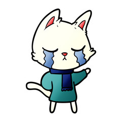 crying cartoon cat wearing winter clothes