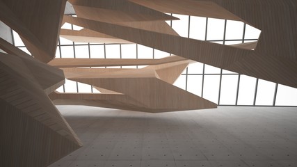 Fototapeta premium Abstract concrete and wood interior multilevel public space with window. 3D illustration and rendering.