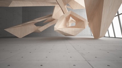 Abstract  concrete and wood interior multilevel public space with window. 3D illustration and rendering.