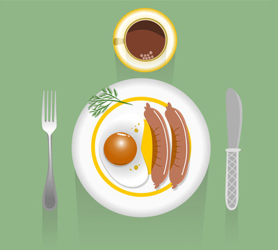 Утренний завтрак, яичница ,сосиски и кофе, векторная иллюстрация
