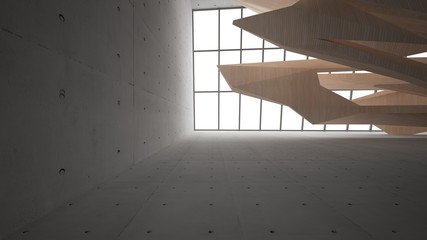 Abstract  concrete and wood interior multilevel public space with window. 3D illustration and rendering.