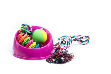 Pet supplies set about bowl, rope, rubber toys for dog or cat on white background