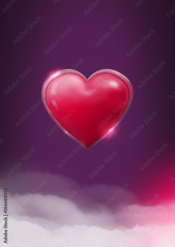 Sticker Shiny heart  glowing with purple misty background