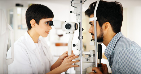Ophthalmology concept. Patient eye vision examination in ophthalmological clinic