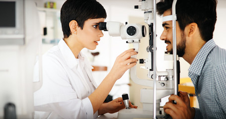 Girl woman in ophthalmology clinic for diopter detection