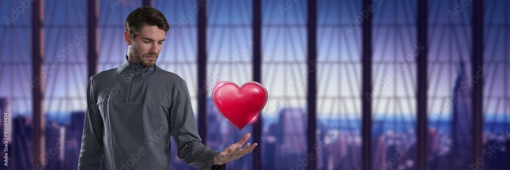 Poster man with open hand and heart by office window