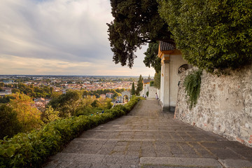 Monselice, Italy - July 13, 2017: View from top to city with red roofs.