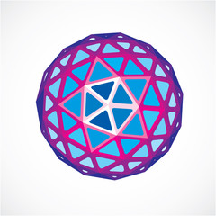 3d vector digital spherical object made using triangular facets. Low poly shape, purple polygonal globe, abstract form for use in web design.