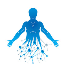 Athletic man vector illustration made using futuristic molecular connections. Human as the object of biochemistry research, genetic engineering.