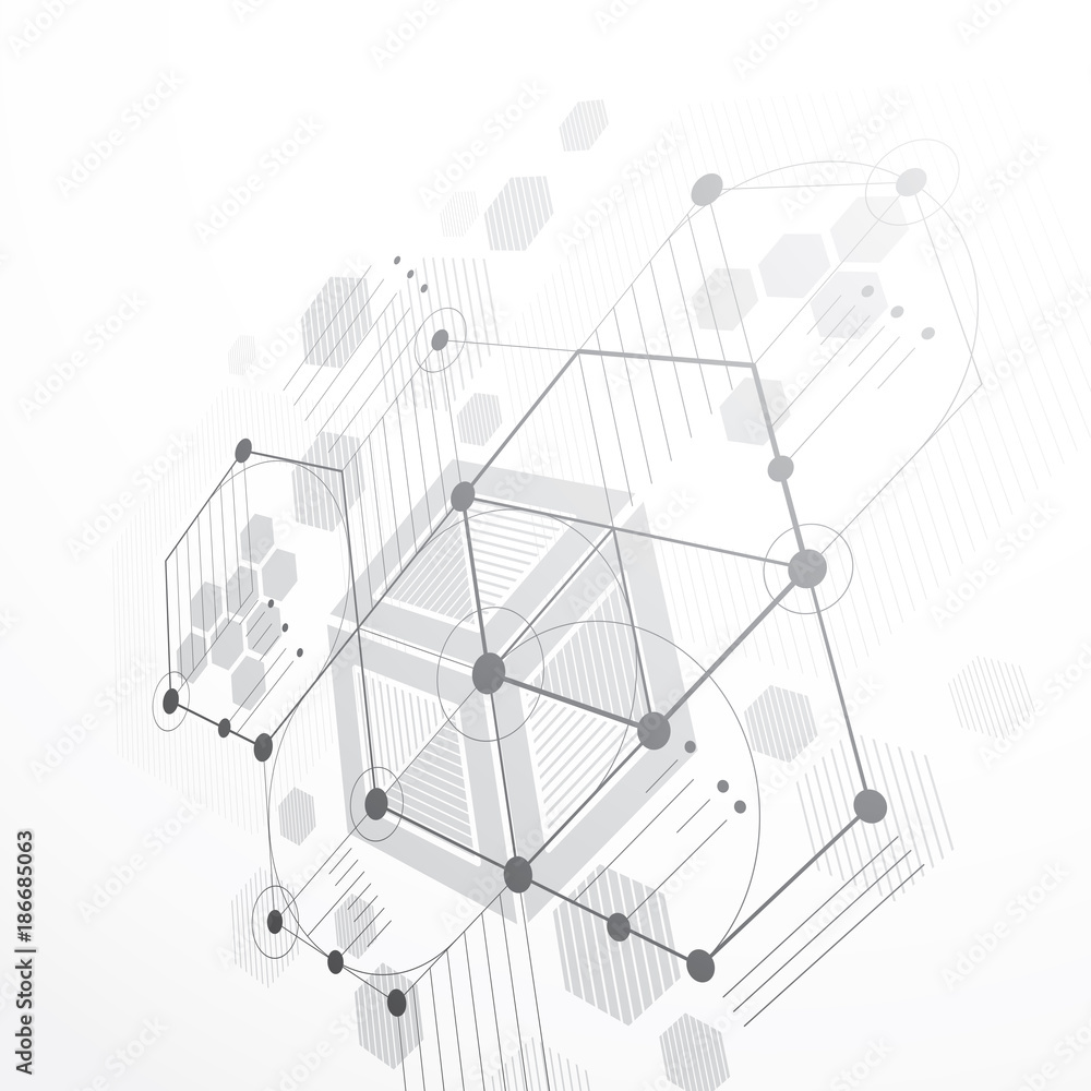 Aufkleber 3d vector bauhaus abstract gray background made with grid and overlapping simple geometric elements,