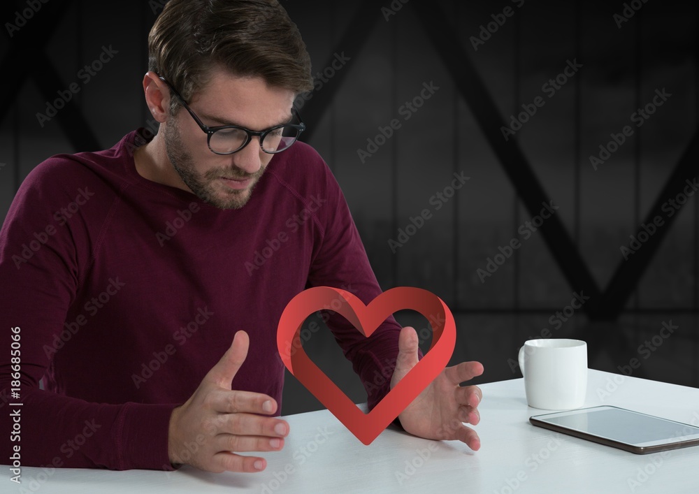 Poster man with open hand and heart by office window