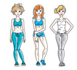 Happy pretty young women standing wearing stylish sport clothes. Vector diversity people illustrations set.