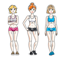 Happy pretty young women standing in stylish sportswear. Vector diversity people illustrations set. Lifestyle theme fem characters.