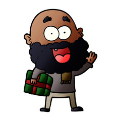 cartoon crazy happy man with beard and gift under arm