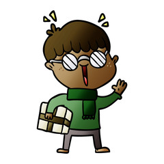cartoon boy with parcel waving