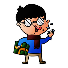 cartoon boy wearing spectacles with christmas gift