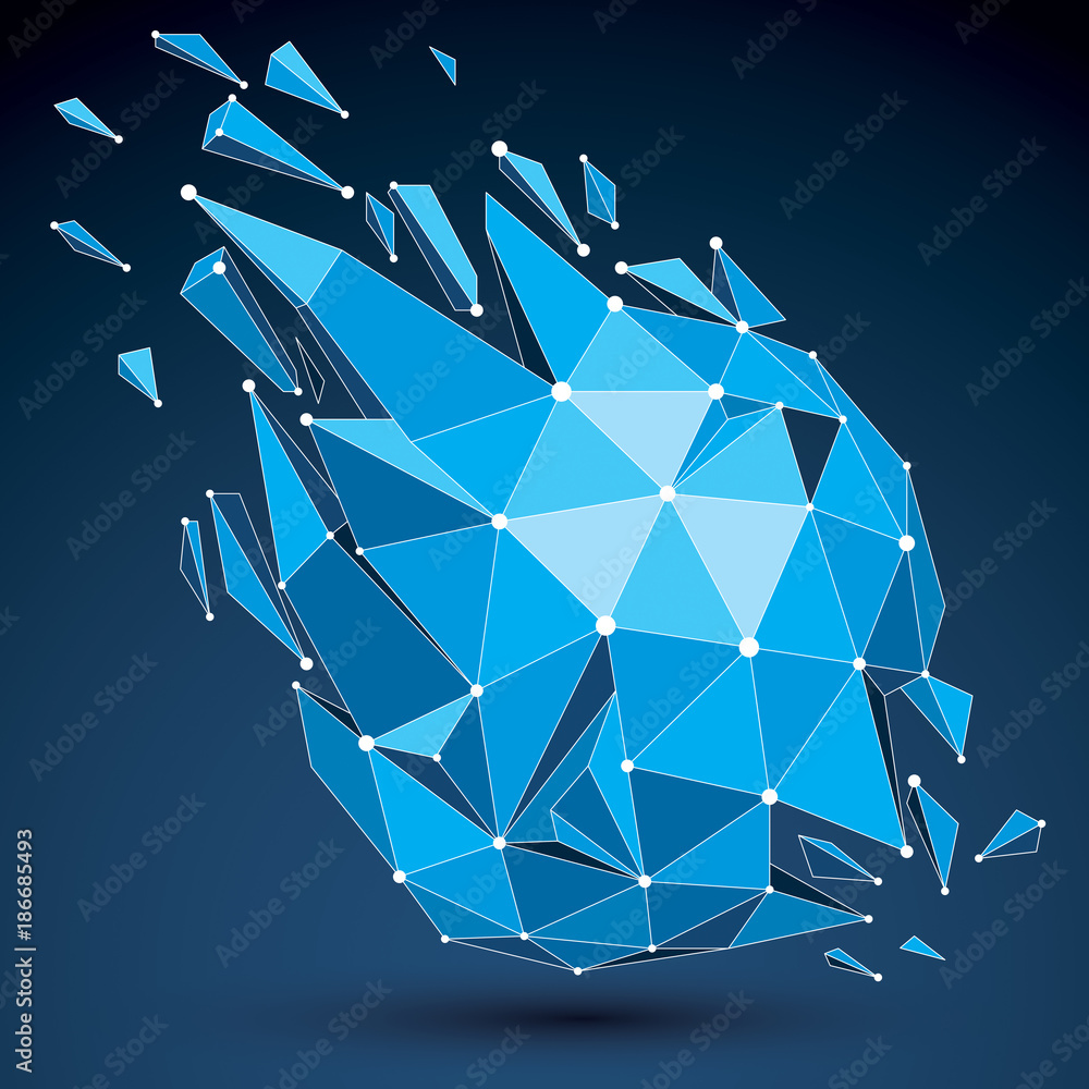 Poster 3d vector low poly object with blue connected lines and dots, geometric wireframe shape with refract