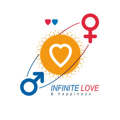 Love Couple conceptual logo, unique vector symbol. Male and Female, Mars and Venus signs. Interaction between loving people.