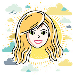 Beautiful women face, human head. Vector character, attractive blonde lady face features.