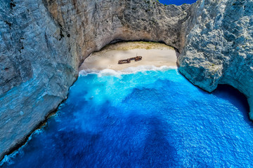 Aerial view of Navagio (Shipwreck) Beach in Zakynthos island, Greece.