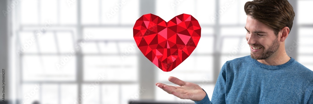 Poster man with open hand and heart by office window
