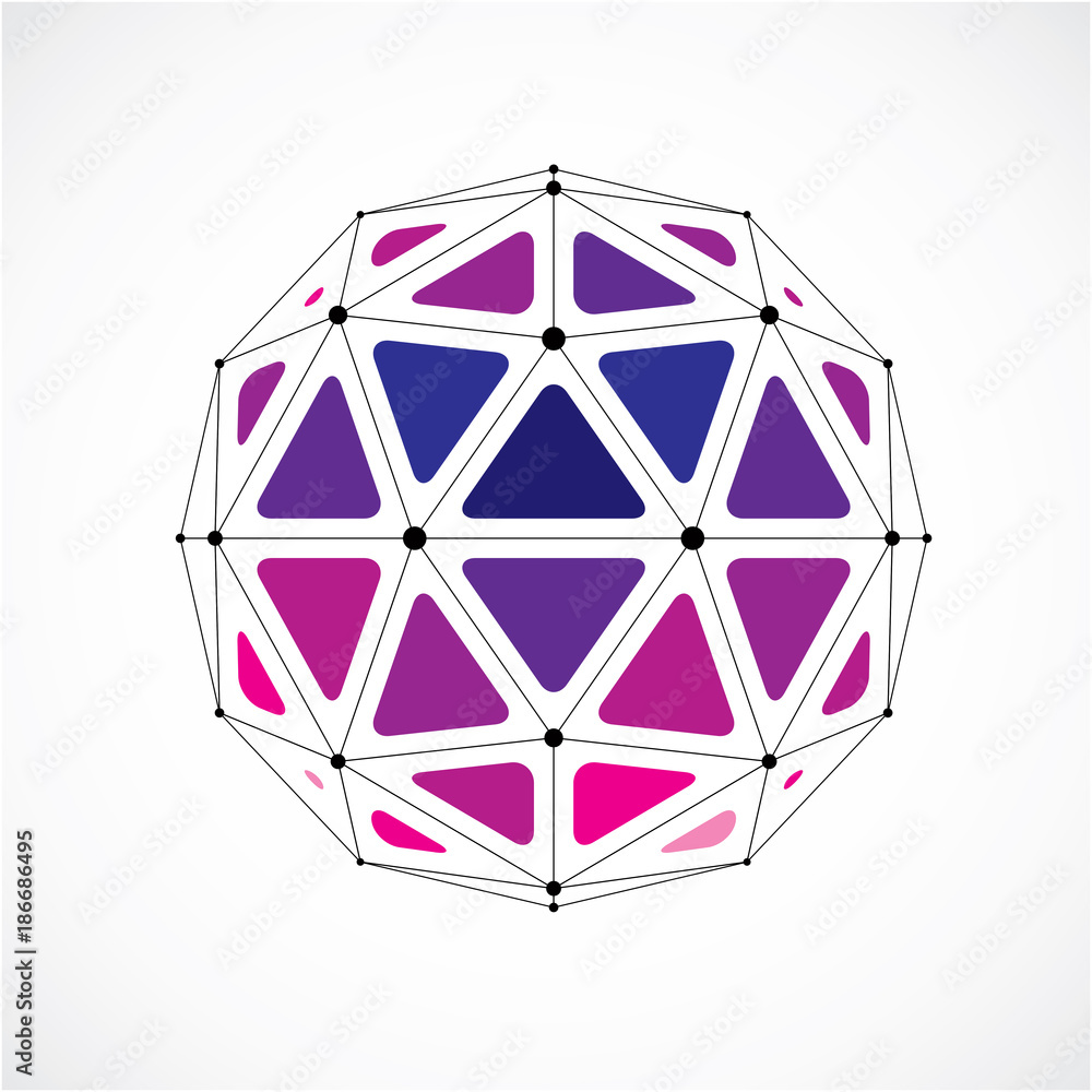 Poster 3d vector low poly spherical object with black connected lines and dots, geometric purple wireframe 