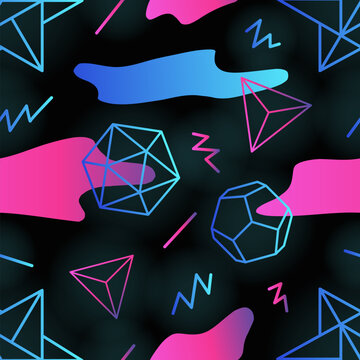 Trendy retro futuristic seamless pattern with outlines of polygonal shapes, gradient colored stains and zigzag lines on black background