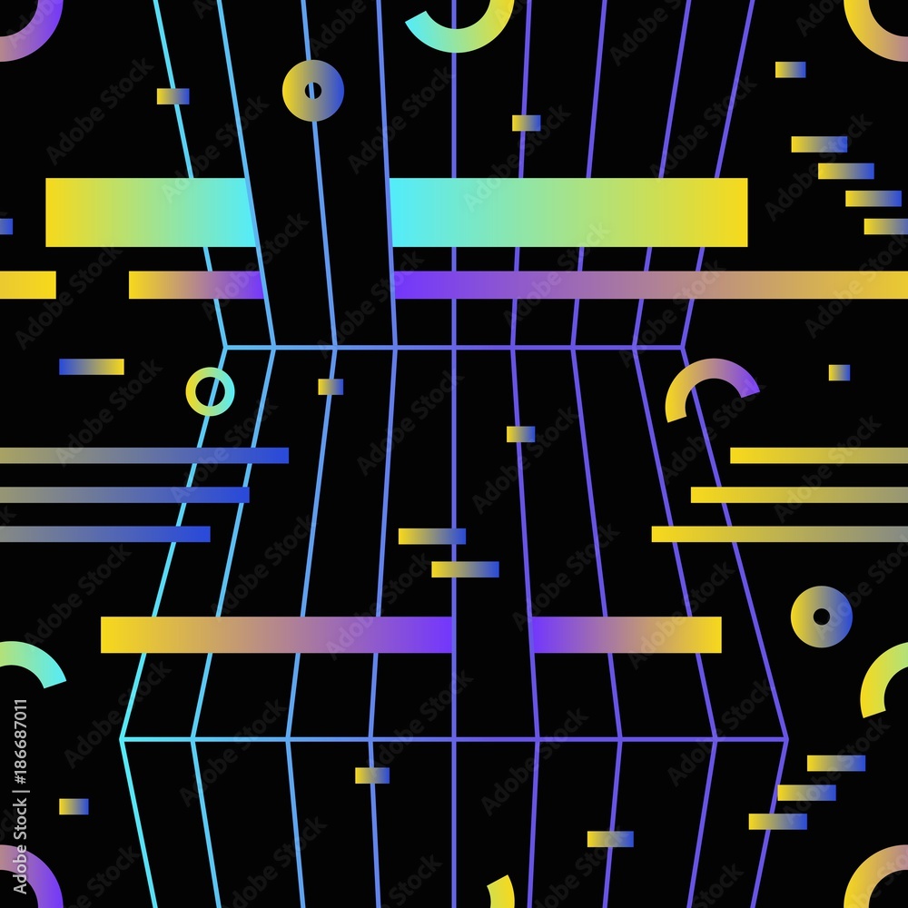 Poster retro futuristic seamless pattern with gradient colored horizontal stripes, rings and circles on bla