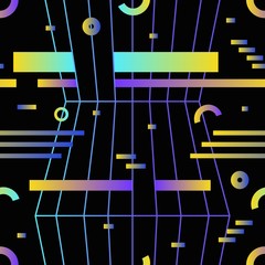 Retro futuristic seamless pattern with gradient colored horizontal stripes, rings and circles on black background. Vector illustration in hipster style for wrapping paper, textile print, backdrop.