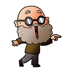 cartoon joyful man with beard pointing finger