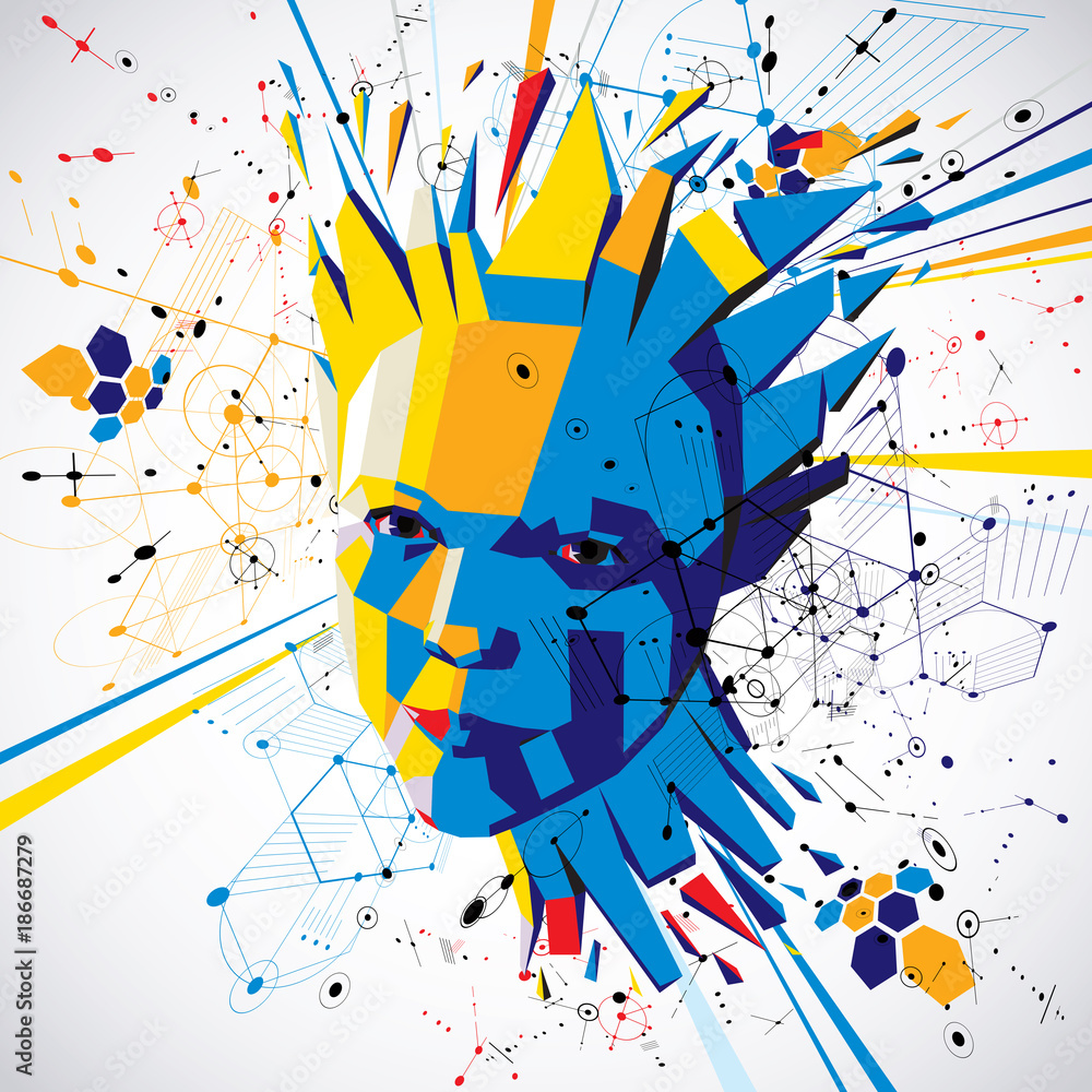 Poster futuristic 3d vector background made using bauhaus elements. head of woman exploding with thoughts c