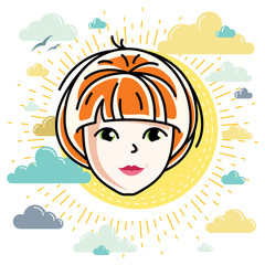 Beautiful women face, human head. Vector character, attractive redhead lady face features.