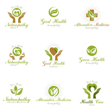 Living in harmony with nature metaphor, set of green health idea logos. Wellness center abstract modern emblems.