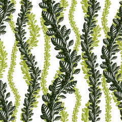 Floral seamless pattern with leaves and branches, vector green fabric background. Tangled stems, garden and forest nature life theme.