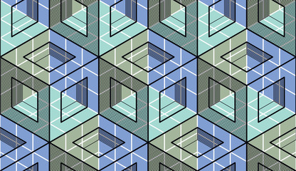 Geometric cubes abstract seamless pattern, 3d vector background. Technology style engineering line drawing endless illustration. Usable for fabric, wallpaper, wrapping, web and print.
