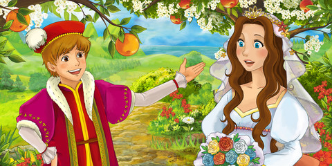 Obraz na płótnie Canvas cartoon scene with prince and princess - bride and her brother - illustration for children