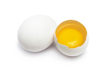Two chicken eggs one whole, another broken