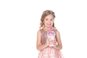 adorable smiling kid with milkshake, isolated on white