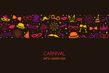 Carnival card wit funny icons. Vector.