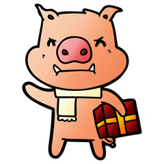 angry cartoon pig with christmas gift