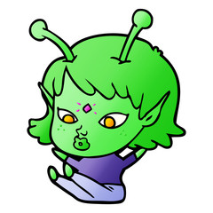 pretty cartoon alien girl sitting
