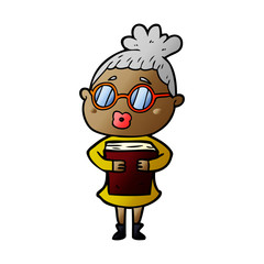 cartoon woman with book wearing spectacles