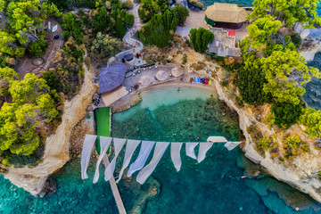 Aerial view Agios Sostis with bidge, small island in Zakynthos, Greece