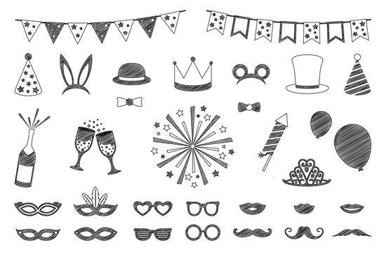 Collection of hand drawn elements for birthday party, photo booth or carnival. Funny costumes. Vector.