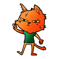 tough cartoon cat giving victory sign