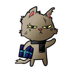 tough cartoon cat with christmas present