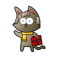 happy cartoon cat with christmas present