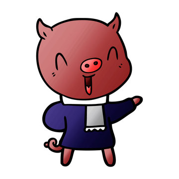 happy cartoon pig in winter clothes