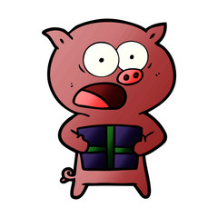 cartoon pig with christmas present