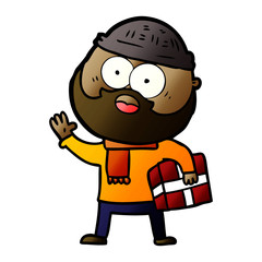 cartoon bearded man with present